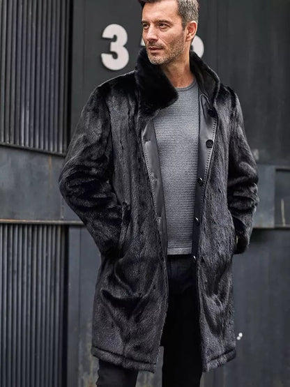 Men's Double-Sided Long Fur Shearling Leather Coat in Black