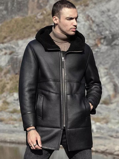 Men's Double-Sided Shearling Leather Coat in Black with Hood