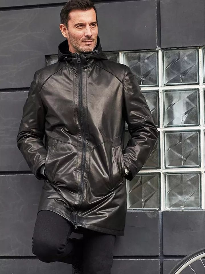 Men's Black Fur Sheepskin Leather Coat with Hood