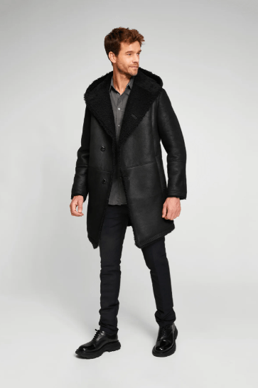 Men's Black Hooded Shearling Leather Coat