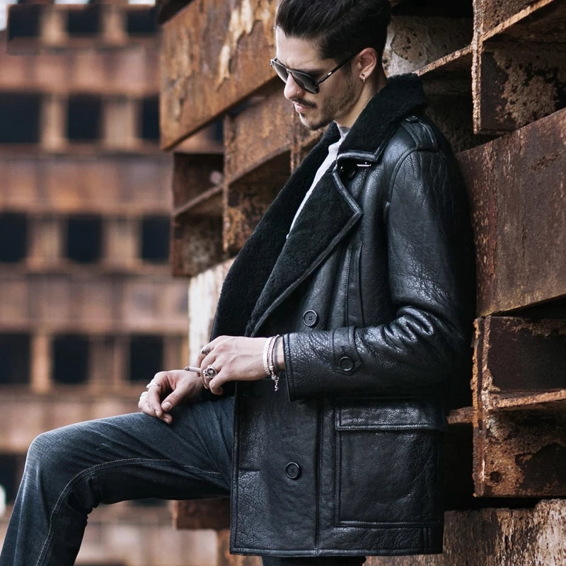 Men's Black Shearling Fur Leather Coat