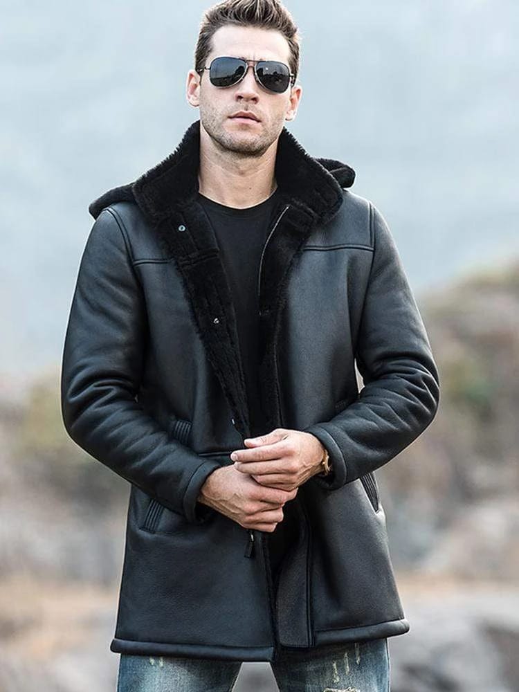 Men's Sheepskin Fur Leather Coat with Hood in Black