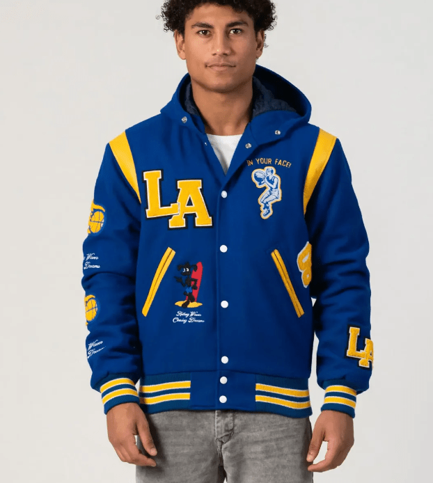 Los Angeles Limited Edition Varsity Bomber Jacket in Blue with Hood