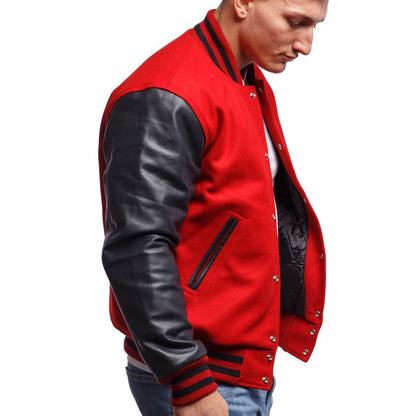 Men's Varsity Leather Jacket in Red & Black Sleeves