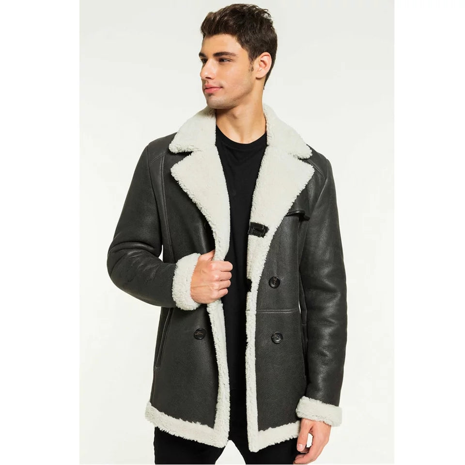 Men's White Fur Sheepskin Leather Coat in Black