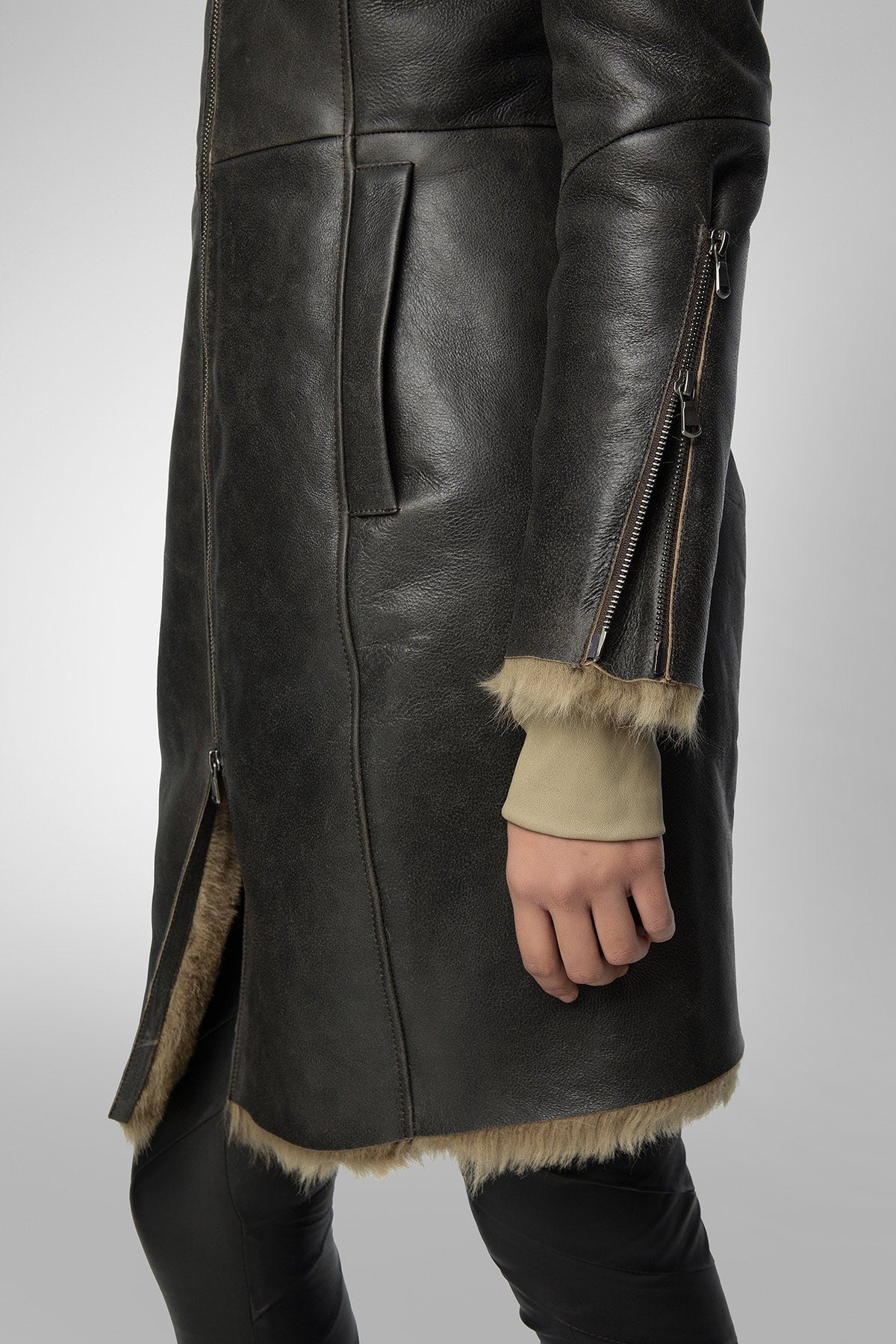 Women's Black Shearling Parka Leather Coat