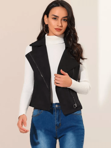 Women's Black Suede Leather Biker Vest