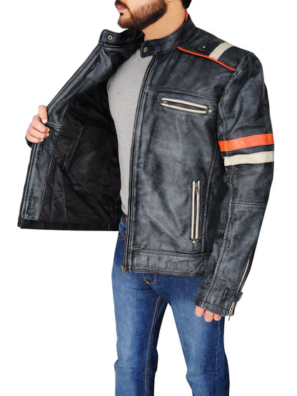 Premium Avanzar Men’s Distressed Black Cafe Racer Jacket