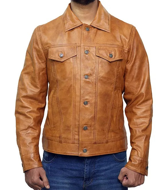 Men’s Camel Brown Trucker Leather Jacket – Buttoned Style