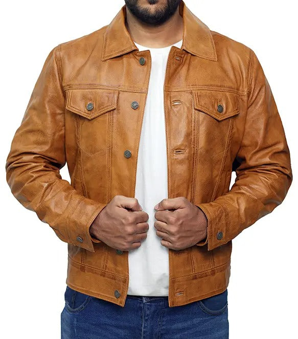 Men’s Camel Brown Trucker Leather Jacket – Buttoned Style