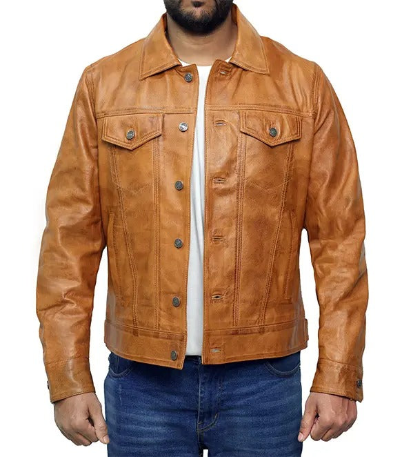 Men’s Camel Brown Trucker Leather Jacket – Buttoned Style