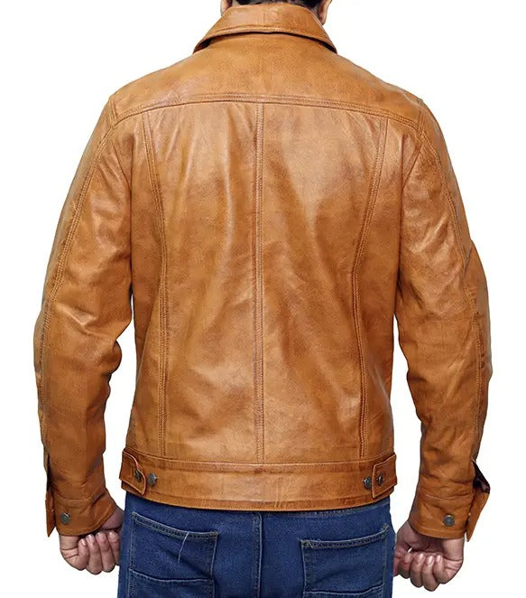 Men’s Camel Brown Trucker Leather Jacket – Buttoned Style