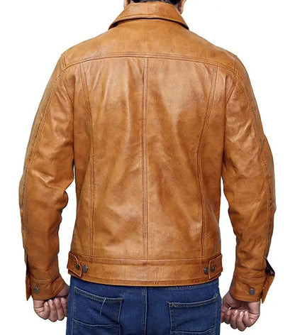 Men’s Camel Brown Trucker Leather Jacket – Buttoned Style