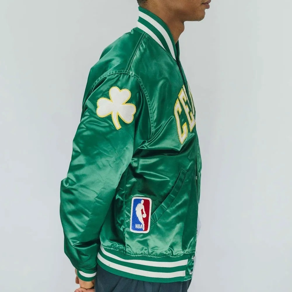 Boston Celtics Green Satin Bomber Jacket – Classic Varsity Style