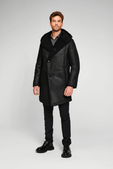 Men's Black Hooded Shearling Leather Coat