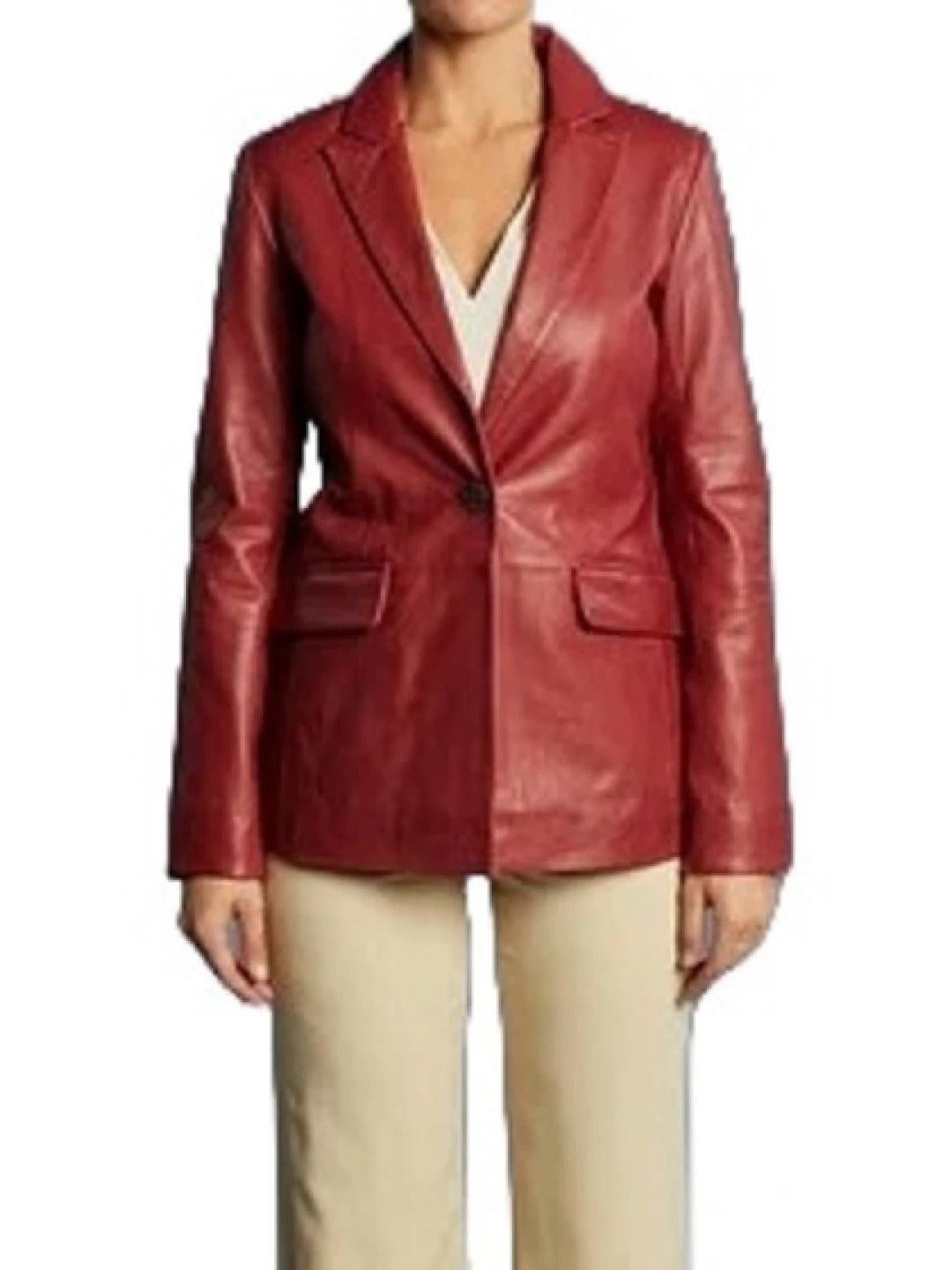 Women's Cherry Red Leather One Button Blazer Bold & Elegant Outerwear