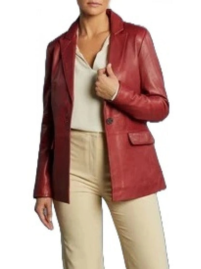 Women's Cherry Red Leather One Button Blazer Bold & Elegant Outerwear