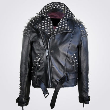 Men’s Classic Black Leather Spike-Trim Jacket – Avanzar Leather
