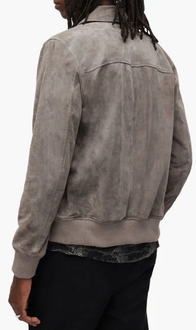 Men's Grey Suede Leather Bomber Jacket Modern Elegance