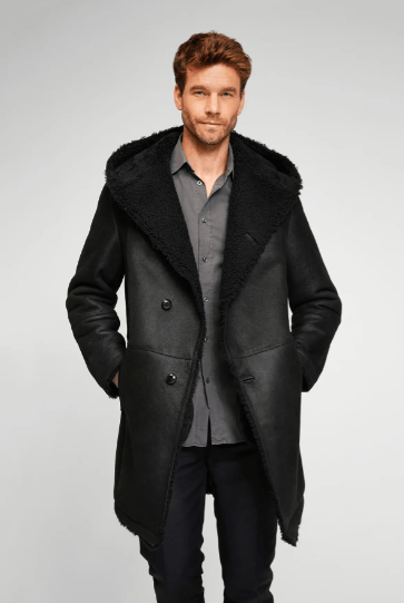 Men's Black Hooded Shearling Leather Coat