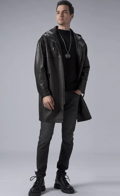 Men's Black Mid-Length Leather Coat with Hood