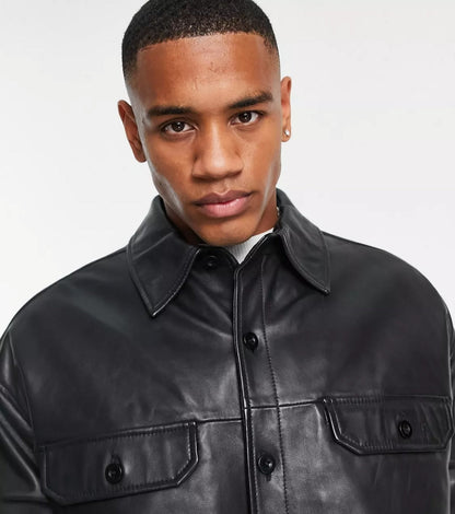 Men's Black Trucker Leather Shirt