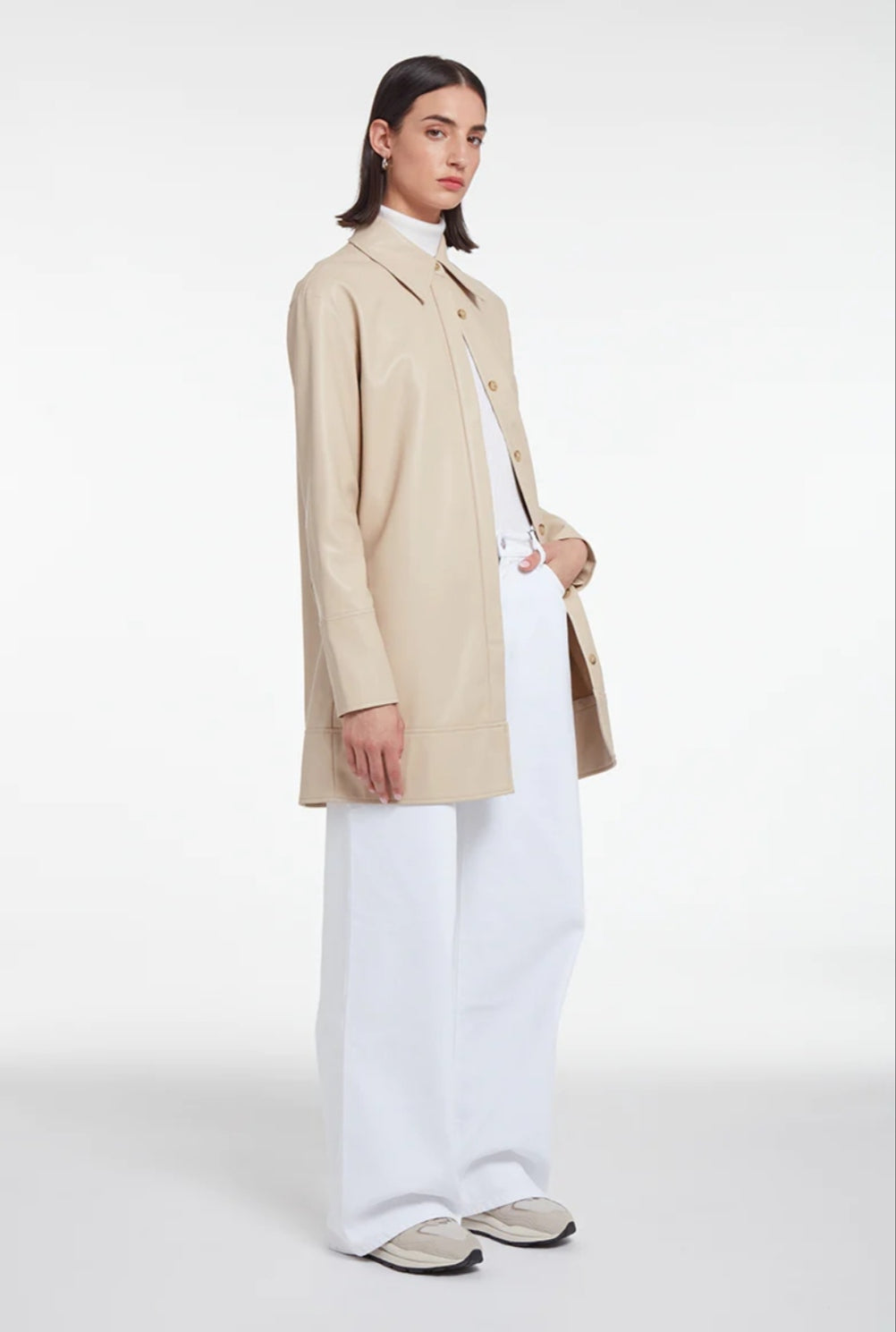 Women's Beige Long Leather Shirt with Elegant Fit