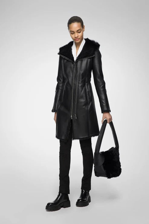 Women's Black Sheepskin Fur Leather Coat