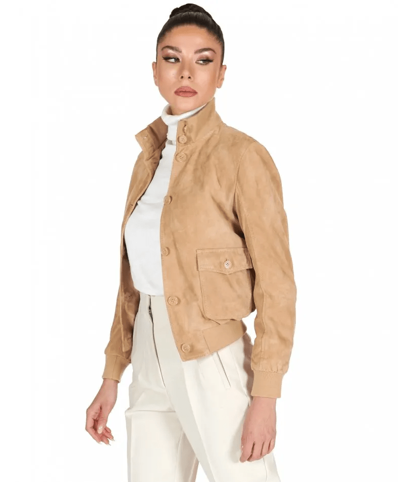 Women's Tan Brown Suede Trucker Bomber Leather Jacket