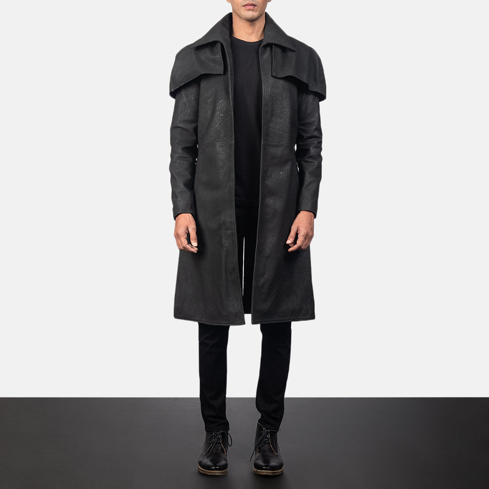 Men’s Classic Black Sheepskin Leather Duster Coat