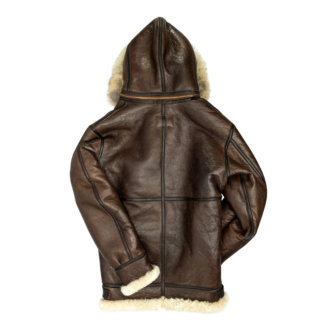 Men’s Dark Brown Hooded Shearling B3 Bomber Jacket