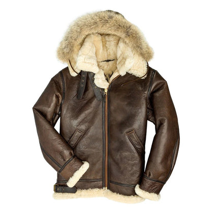 Men’s Dark Brown Hooded Shearling B3 Bomber Jacket