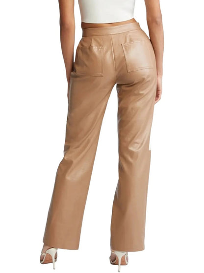 Colorblock Beige Leather Pants for Women