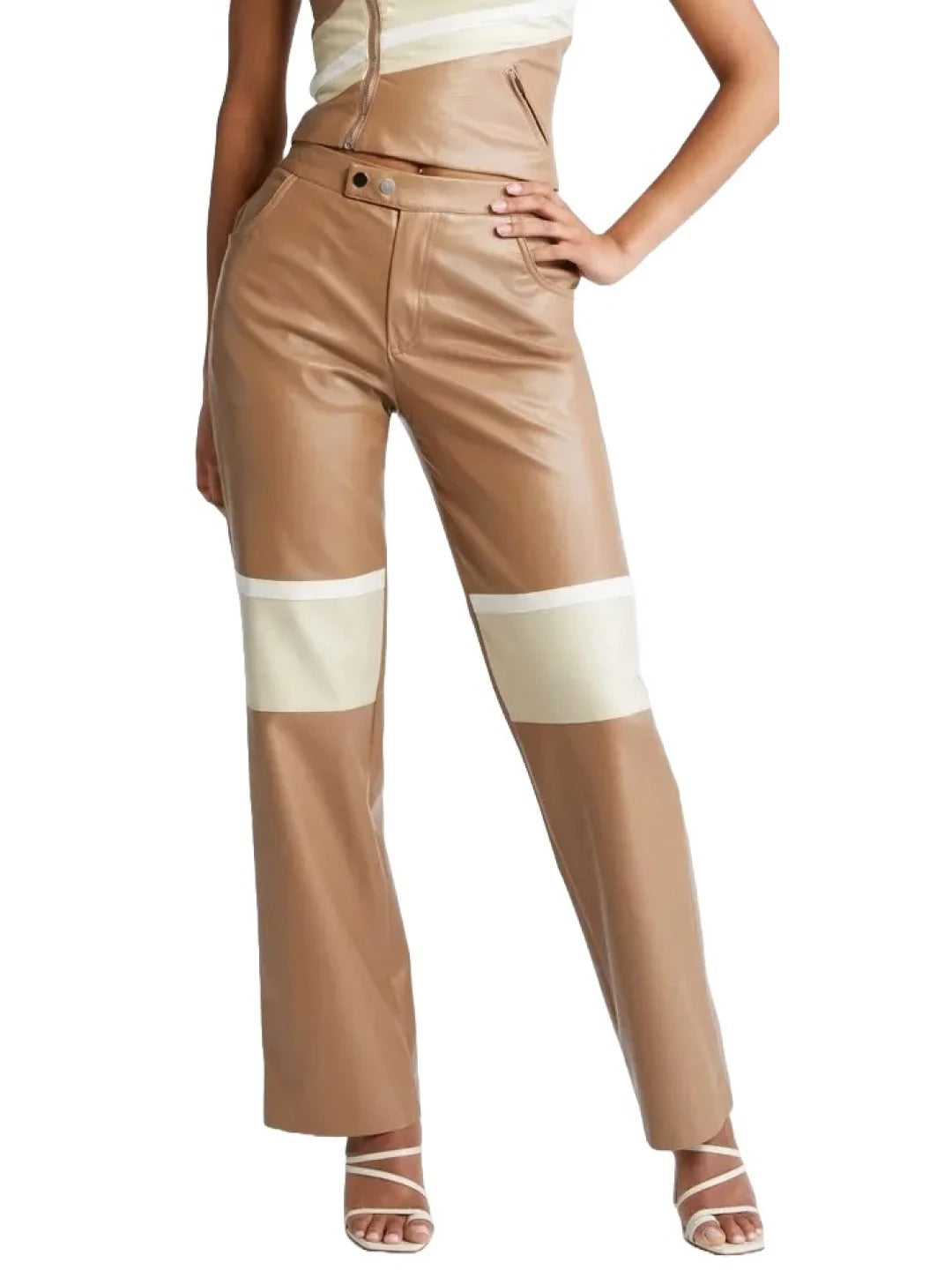 Colorblock Beige Leather Pants for Women