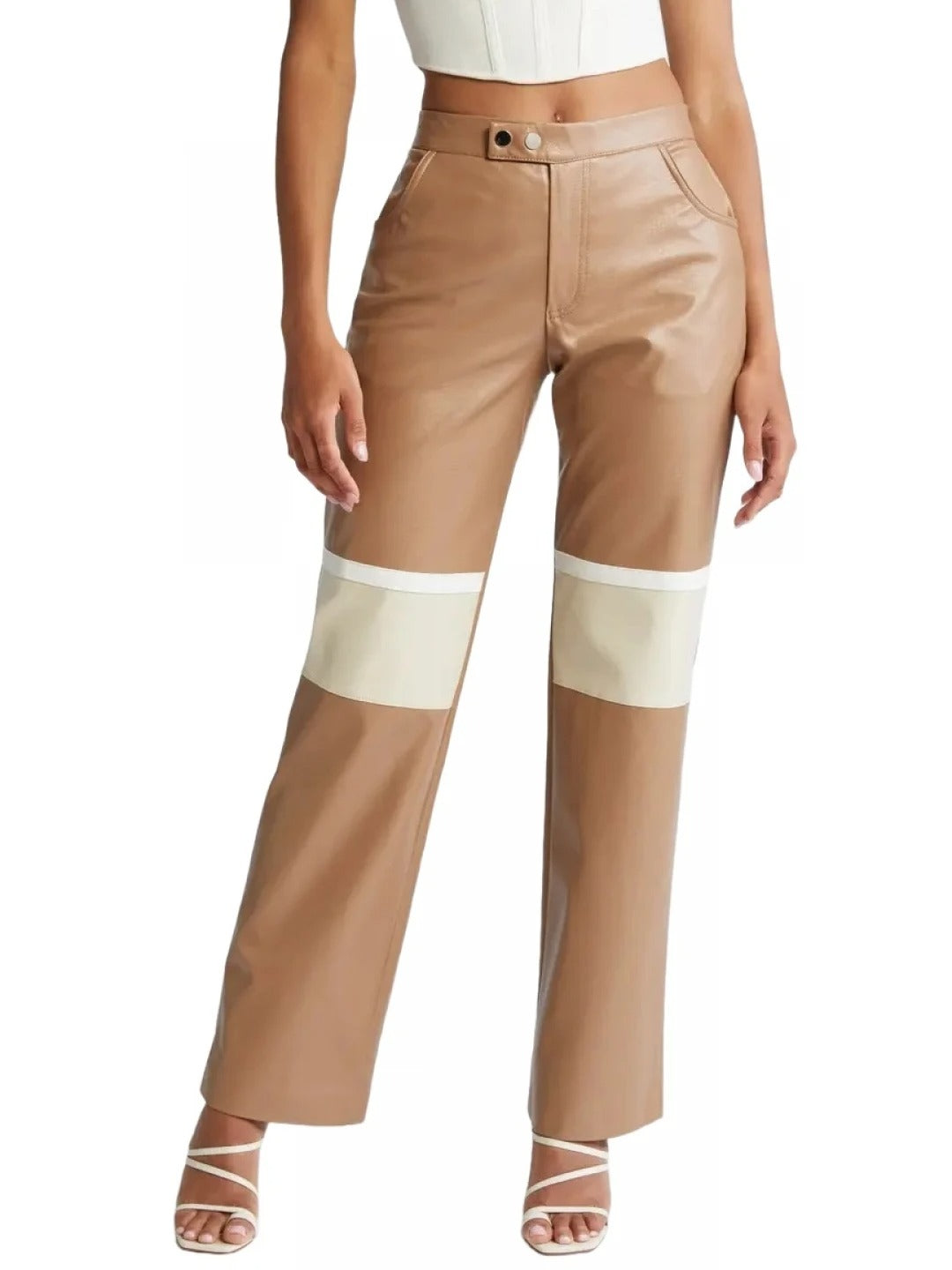 Colorblock Beige Leather Pants for Women