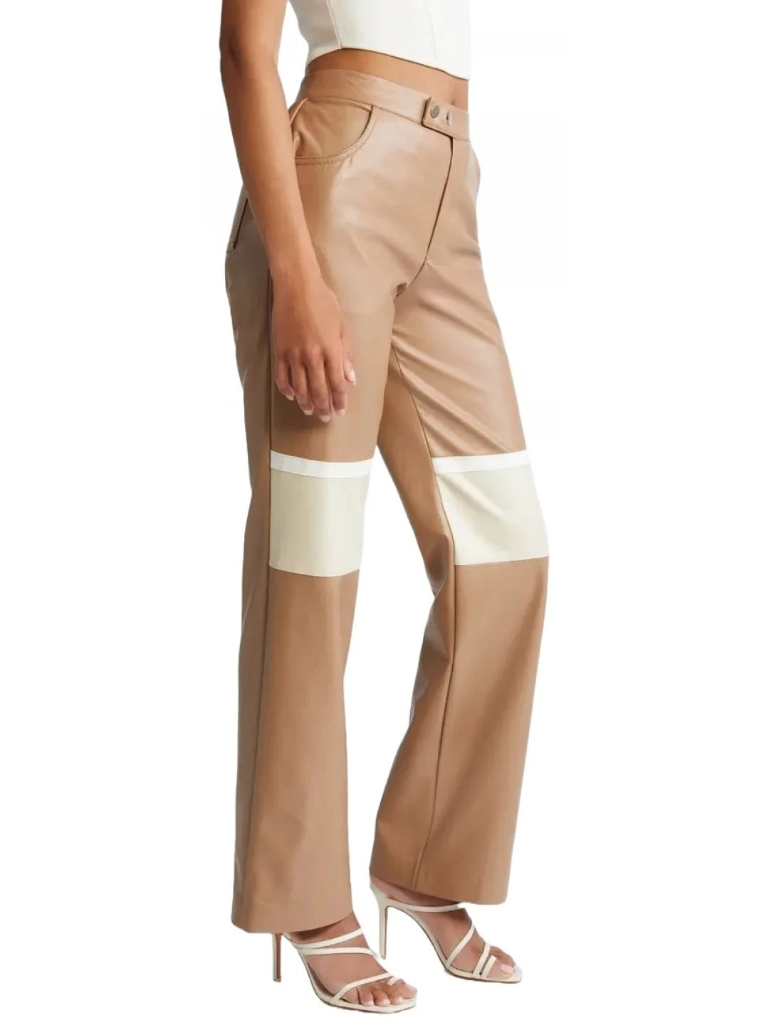 Colorblock Beige Leather Pants for Women