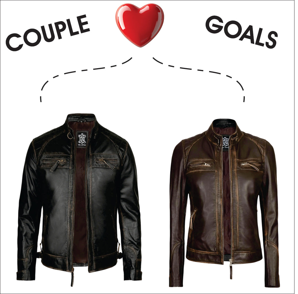 Couple Distressed Brown Leather Biker Jackets – Vintage Matching Style