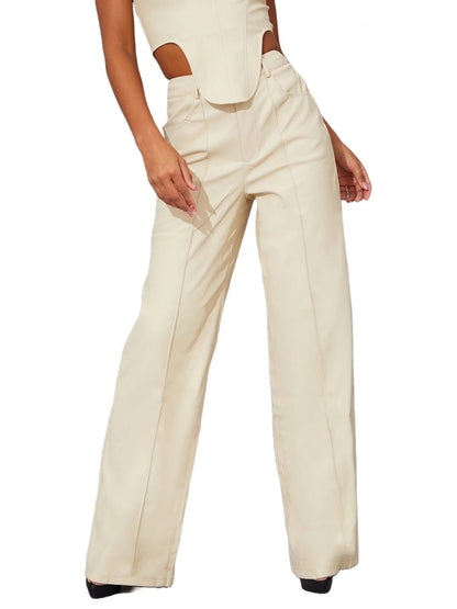 Cream Leather Wide Leg Pants with Button Detail – Effortlessly Chic