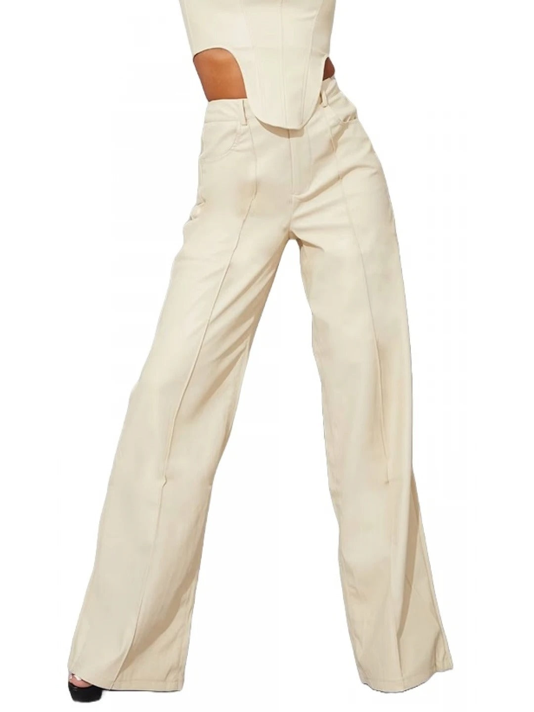 Cream Leather Wide Leg Pants with Button Detail – Effortlessly Chic