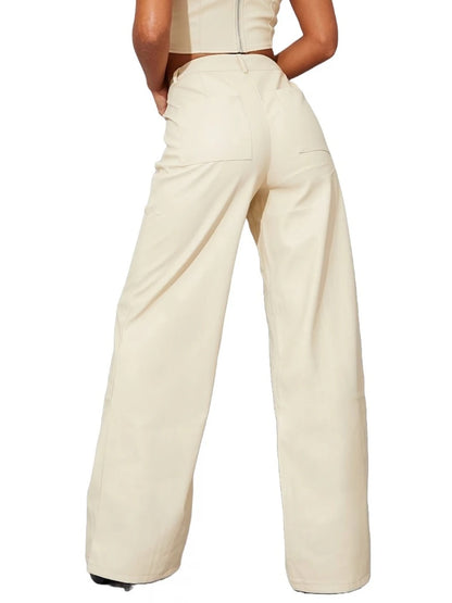 Cream Leather Wide Leg Pants with Button Detail – Effortlessly Chic