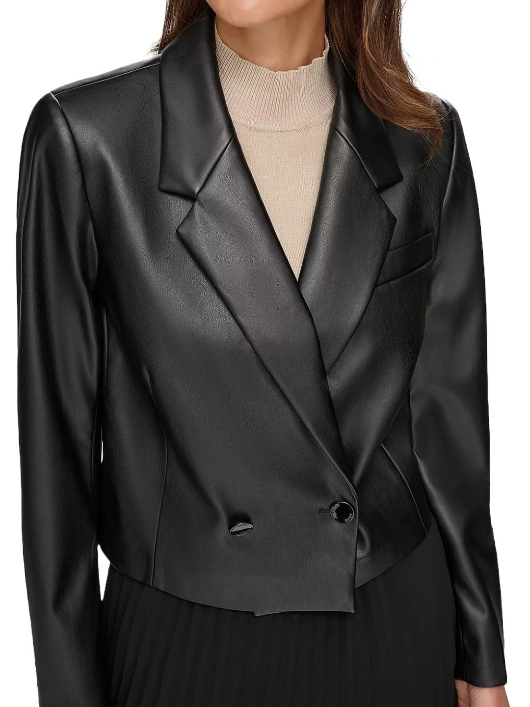 Cropped Double Breasted Black Leather Blazer Chic & Modern Outerwear