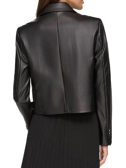 Cropped Double Breasted Black Leather Blazer Chic & Modern Outerwear