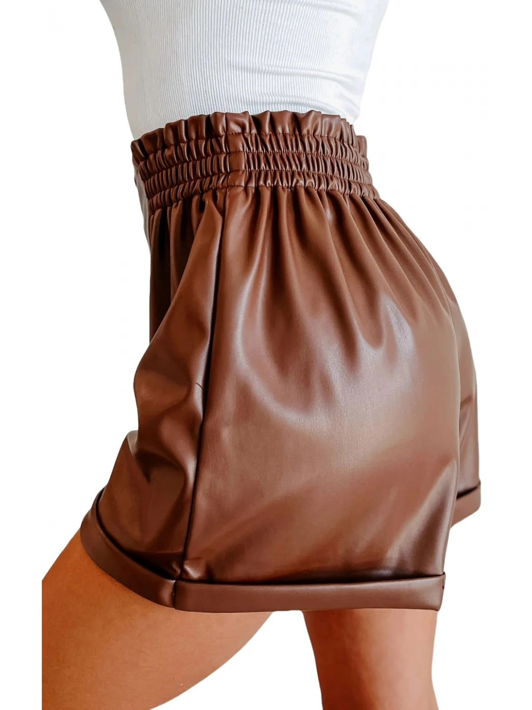 Women’s Brown Leather Shorts with Cuffed Hem and Elastic Waist