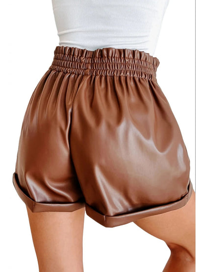 Women’s Brown Leather Shorts with Cuffed Hem and Elastic Waist