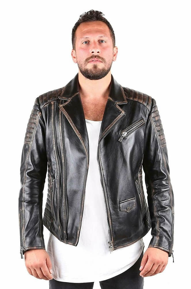 Men's Biker Distressed Leather Jacket in Black Bold Style, Timeless Durability