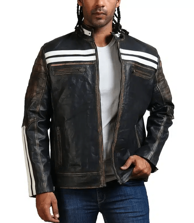 Men's Black Café Racer Biker Leather Jacket with White Straps