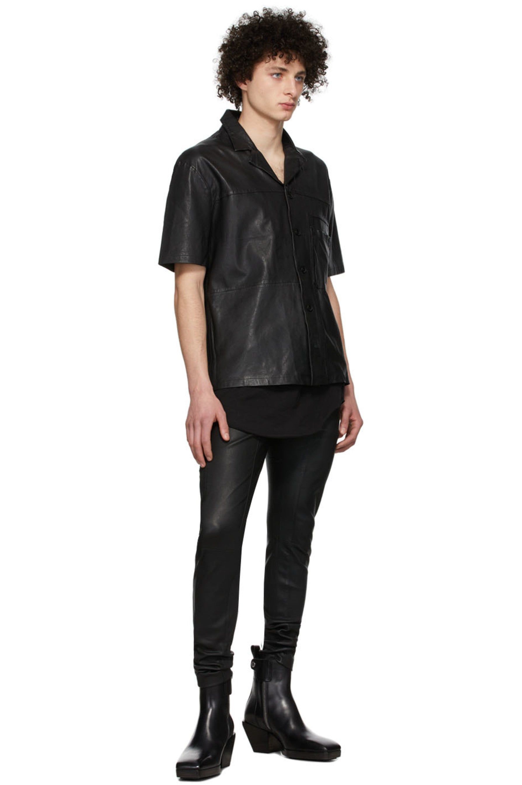 Men's Black Half Sleeve Leather Shirt