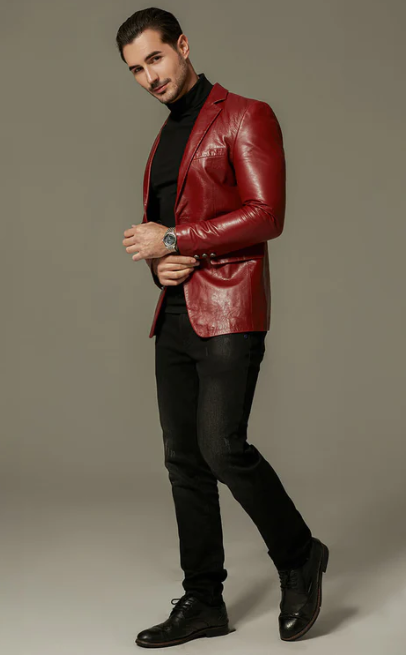 Men's Classic Leather Blazer in Red