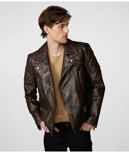 Men's Distressed Biker Leather Jacket in Dark Brown Rugged Style Meets Vintage Charm