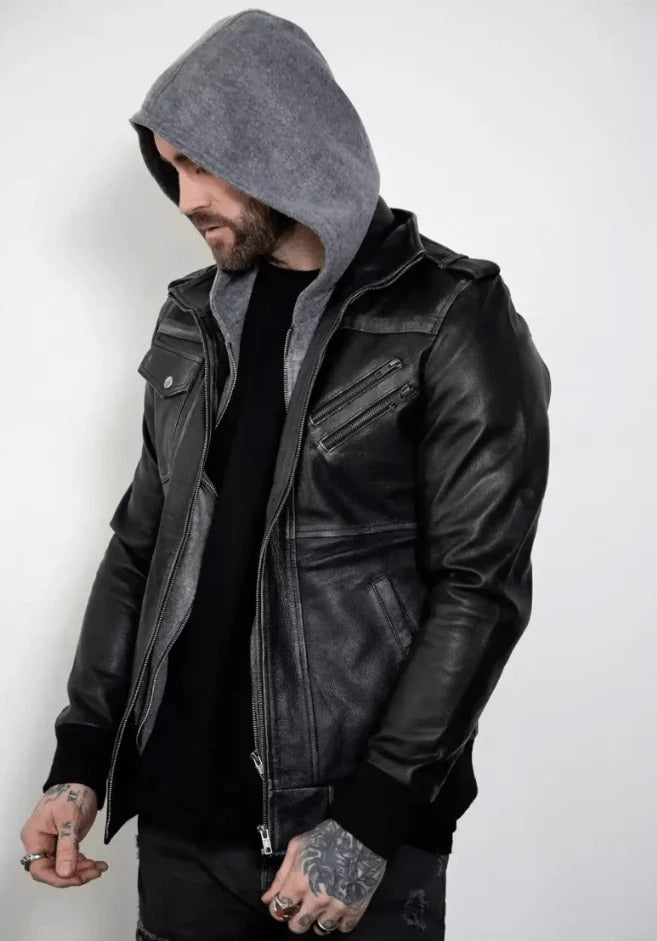 Men's Distressed Bomber Leather Jacket in Black Rugged Sophistication